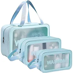 KUKLAR Wash Bag Pouch for Travel Kit Toiletry Bag Cosmetic Bag Make Up Box for Brushes,Accessories with Handle,Large Capacity Translucent Waterproof Travel Storage OrganizerSet of 3(Sky Blue)