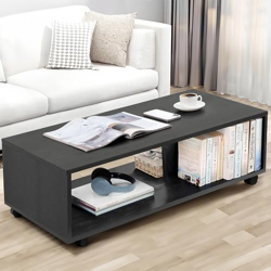 ABOUT SPACE Coffee Table - Center Table for Living Room with Wheels, Engineered Wood Tea Table Rectangle Teapoy Table with Storage for Hall Lounge Office - Black Mahogany (L 80 x B 40 x H 41.5 cm)
