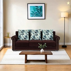 Peachtree Alton 3 Seater Sofa with Velvet Printed 3 Pillows for Living Room, Mango Wooden Frame & Iron Leg| Malfino Fabric Sofa for Dining Room, Hall, 3 Year Warranty | Padded Armstyle (Dark Brown)