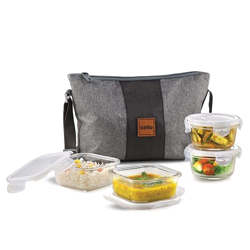 CELLO Glassy Square Lunch Box Set of 4 (320 ml x 2, 240 ml x 2), Clear