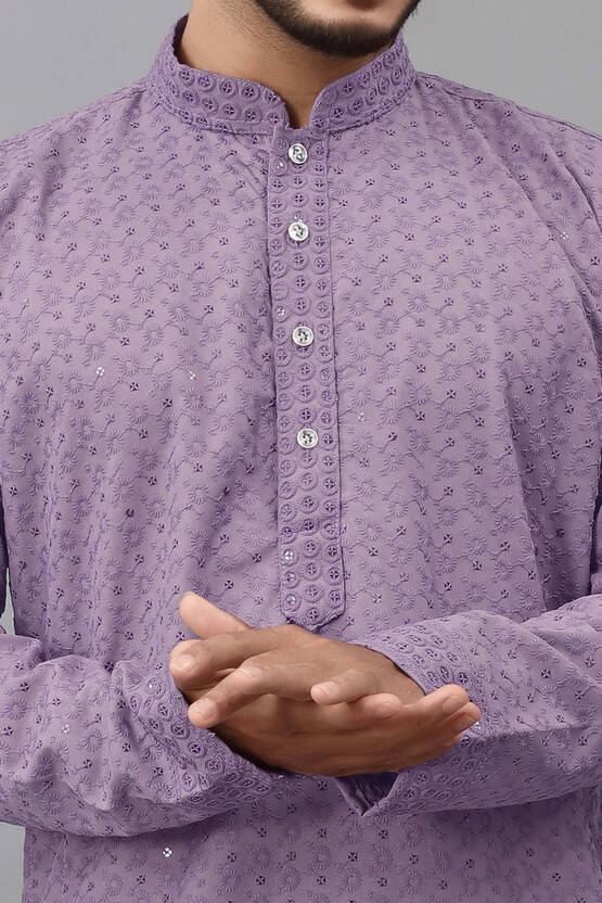 ALMORA Men Embroidered Cotton Rayon A-line Kurta(Purple)