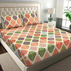 BSB HOME Pure Microfiber Jaipuri Rajasthani Prints Bedsheet for Double with 2 Pillow Covers 120tc Breathable Wrinklfree Color - Beige & Green