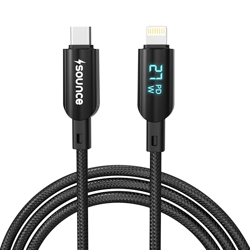 Sounce 27W Type-C to Lightning Fast Charging Cable 3A PD Real-Time LED Display with Charging Status Nylon Braided 480Mbps Data Sync Compatible for All Lightning Devices 1.2M Length