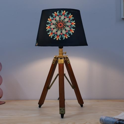 tu casa Classic Vintage Tripod Brown Mangowood Table Lamp for Home Decoration, Bedroom, Living Room, Lounge, Office, Gifting, Study Table (French Floral Print with Satin Shade) H - 21" / No Blub