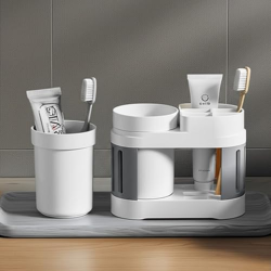Cortina All-in-One Bathroom Organizer, Toothbrush Holder, Toothpaste Shelf & Rinse Cup Set, Brush Stand | Off-White - Grey, Single Cup