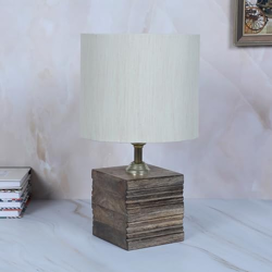 tu casa Mangowood Square Block Style Table Lamp for Home Decoration, Bedroom, Living Room, Lounge, Office, Festival Gifting, Study Table (Off White with Cotton Shade) H - 12" / No Blub