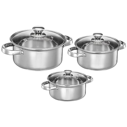 Amazon Solimo Set of 3 Stainless Steel Casseroles | Glass Lid | Flat Bottom | Dishwasher-Safe | 16 cm, 18 cm, 20 cm | 2.3 Liter, 3 Liter, 1.7 Liter | Silver