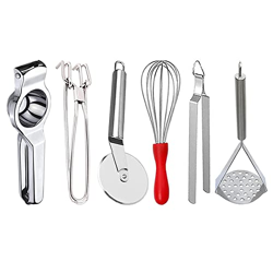 Oc9 Stainless Steel Pakkad & Lemon Squeezer & Egg Whisk & Pizza Cutter & Roti Chimta & Potato Masher for Kitchen Silver (Pack of 6)