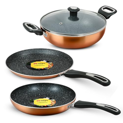 Impex Migo Non Stick Cookwareset 4 pc | Induction Cookware Set 3 mm Thickness of Tawa Pan Fry Pan and Kadai Pan with Lid | Granite Finish 5 Layer Aluminium Cookware Set | 1 Year Warranty