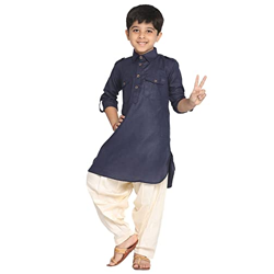 JBN Creation Boys' Navy Blue Cotton Blend Pathani Suit Set