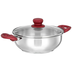Amazon Brand - Solimo Stainless Steel Heavy Bottom Kadhai with Glass lid |Three Layer Impact Forged Bottom|Durable|Soft Touch Handles and Knob|2L | Silver