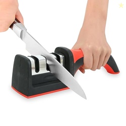 GLUN 3 in 1 Knife Sharpener with Easy-Grip Handle and Non-Slip Rubber Base, 3-Stage Sharpening Tool forAll Types of Ceramic Knives and Steel Knives