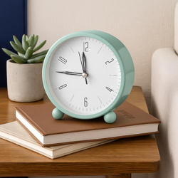 Vaanar Sena Metal Analog Alarm Clock  4-Inch Silent Non-Ticking Small Clock with Night Light, Battery Operated, Simple Design for Bedroom, Bedside, or Desk (Green)