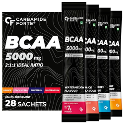 Carbamide Forte BCAA Powder 5000mg 28 Sachet|BCAA Supplements For Unisex Muscle Growth|BCAA Pre Workout & Intra Workout For Muscle Recovery|7g Serving with Ideal 2:1:1 Ratio|4 Flavors - Pack Of 28