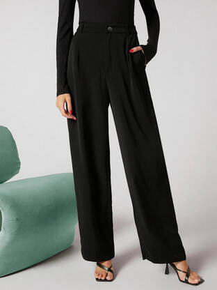 KOTTY Women Regular Fit Black Cotton Blend Trousers
