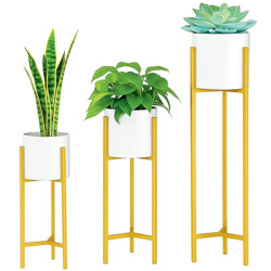 Elegance Aura Golden Metal Planters with Stand | Tall Indoor Plant Stand for Living Room Corner, Balcony & Bedroom | Flower Pots & Planters for Home Decor (Set of 3)