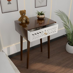 Ereteken ART Nightstand Bedroom Carved Beside Table Made of MDF, Night Stand with 1 Drawers end Table for Bedroom/Living Room-White (Brown)