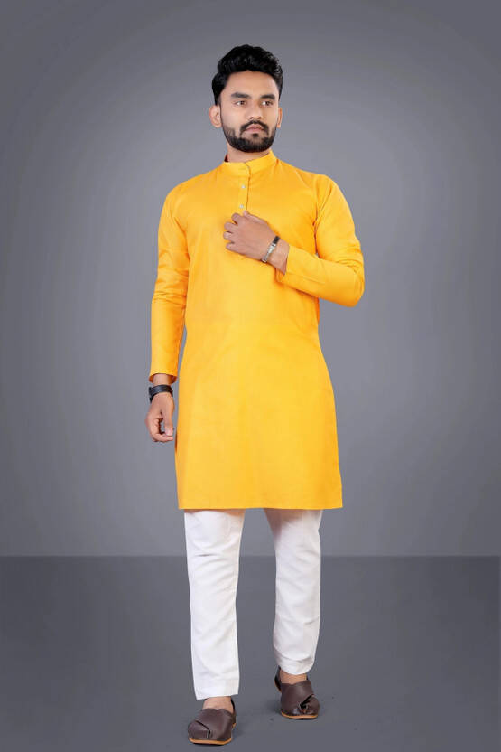 TARA GLOBAL Men Solid Cotton Blend Straight Kurta(Yellow)