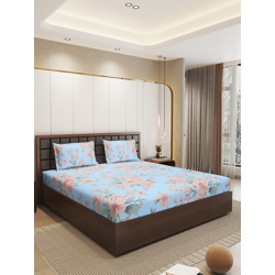 Status Turquoise Blue Floral Microfiber 210TC Fitted Double Queen Bedsheet Set-1.98mx1.82m