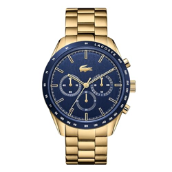 Lacoste Boston Qtz Fashion Chrono Blue Round Dial Men's Watch|Ionic Plated Thin Gold Steel Material|Gold Color Band - 2011096