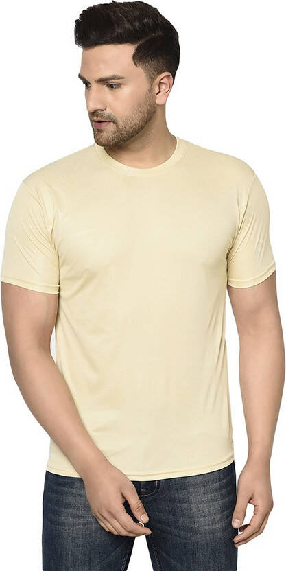 Galatea Men Solid Round Neck Polyester Beige T-Shirt