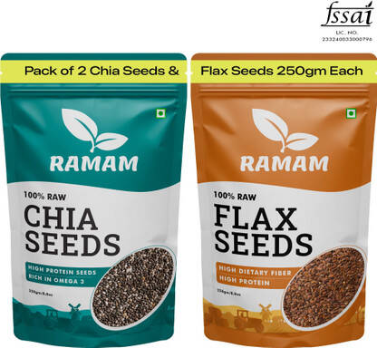 Ramam Chia & Flax Seeds Combo | High Dietary Fiber & Protein |Omega 3| Black Chia Seeds, Brown Flax Seeds(2 x 250 g)