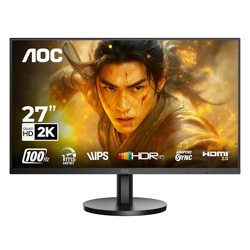 AOC Q27B3S2 Gaming Monitor 27 inch 2560 x 1440 Quad HD IPS Panel, 100Hz Refresh Rate, 1ms Responsre Time, Eye Care, Adaptive Sync, 178 Wide Viewing Angle, HDMI 1.4b Display Port 1.2a Connectivity