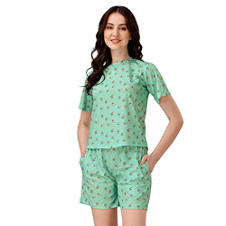 COCOFAB Cord Set for Women, Casual Night Wear, Soft & Comfortable Stretchable Fabric, with 2 Pockets, Cotton Stretchable Digital Print (Large, Light Green)