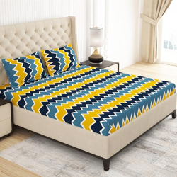 MollisHomes double bed bedsheet, Set of 1 Microfiber Bedsheet for Double Size Bed with 2 King Size Pillow cover set, Blue - Yellow Chevron Design, 220 x225 cm, bed sheet combo for Home Decor & Gifting