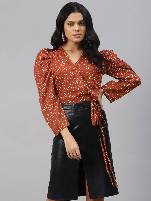 PLUSS Casual Regular Sleeves Polka Print Women Gold Top