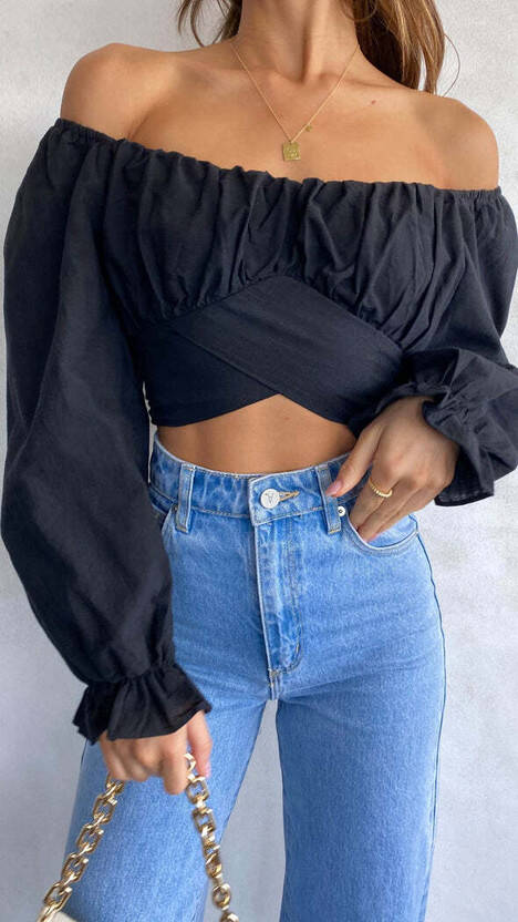 TOKYO TALKIES CASUAL CUFFED SLEEVES SELF DESIGN WOMEN BLACK TOP
