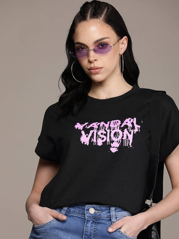 Roadster Women Printed, Typography Round Neck Cotton Blend Black T-Shirt