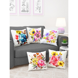 Story@home White & Blue 5 Pieces Floral Square Cushion Covers