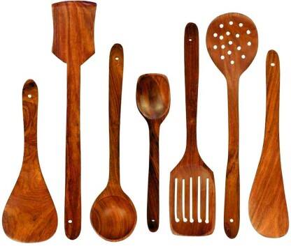 DECORASIA Non Chemical kitchen lovers Brown yellowish Kitchen Tool Wooden Dessert Spoon, Serving Spoon, Salad Spoon, Soup Spoon, Table Spoon Set(Pack of 7)
