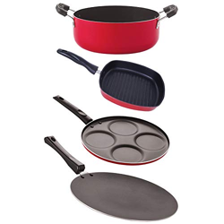 Nirlon Aluminium Nonstick Cooking Pots & Pans 4 Pieces Set, Red (Concave Tawa 27.5cm + Uttapam 4 Cavity + Grill Pan 24.5cm + Casserole 3.1 LTR) (CT11_UP4_GP24.5_CS24)