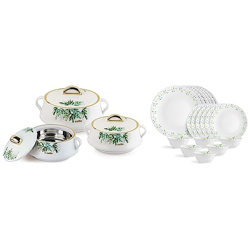 Cello Midas Casserole Gift Set with Inner Steel, 3pc(500ml, 1000ml, 1500ml), White, Standard, (CLO_Midas_3PC_WHT) & Cello Opalware Dazzle Tropical Lagoon Dinner Set, 18Pcs, White