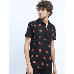 HIGHLANDER Men Black Slim Fit Printed Cotton Casual Shirt