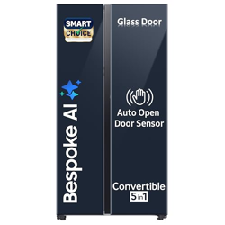 Samsung 653 L (SmartChoice), 3 Star, Bespoke AI, Glass Door, Frost Free, Double Door, Convertible 5-in-1 Digital Inverter, Side By Side Refrigerator with Auto Open Door (RS76CB81A341HL, Clean Navy)
