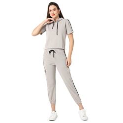 Campus Sutra Women's Solid Grey Hooded Neck Short Sleeve Regular Fit Co-Ords Set for Casual Wear | Clothing Set Crafted with Comfort Fit and High Performance for Everyday Wear