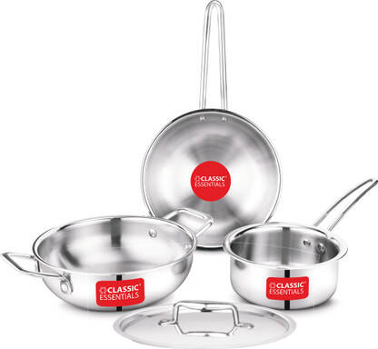 Classic Essentials Triply Kadhai with Lid 22cm, Saucepan 16cm, Frypan 22cm Combo Induction Bottom Cookware Set(Triply, 3 - Piece)