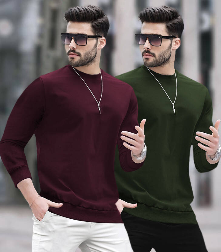 BLIVE Pack of 2 Men Solid Round Neck Cotton Blend Maroon, Dark Green T-Shirt