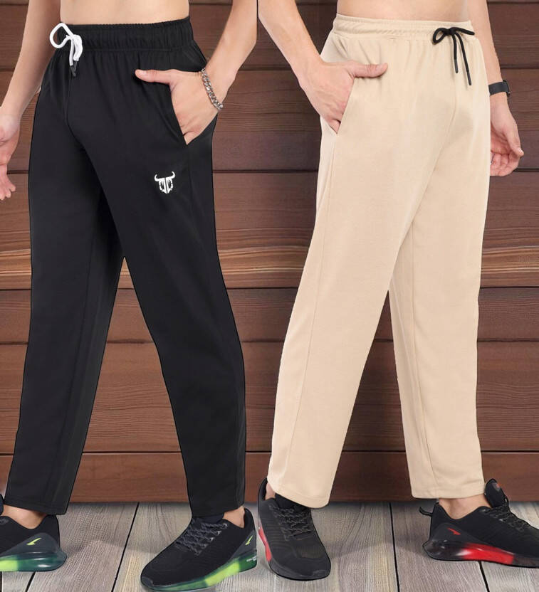GO DEVIL PACK OF 2 MEN SOLID BLACK, BEIGE TRACK PANTS
