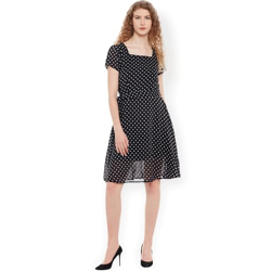 Alano Womens Polka Dots Print Cap Sleeve Dress || Polka Dots Pattern Dress for Womens || A-Line Dress || Cap Sleeve Dress for Womens || Casual Women's Dresses Black