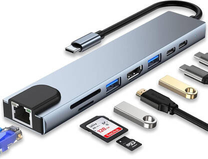 GITRU USB C HUB, 8 in 1 USB C Adapter with 4K HDMI, 100W PD, USB C Port, USB 3.0 RJ45 Ethernet, SD/TF Card Reader, Type C Multi Port Hub(Grey)