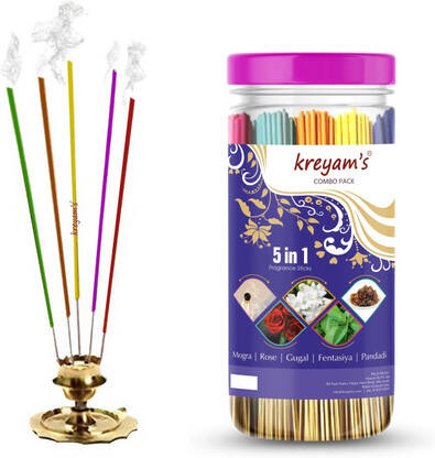 Kreyam's Incense Sticks - Agarbatti - Fragrance Sticks - Combo of 5 Fragrances Mogra, Rose, Gugal, Fentasiya, pandadi 225 Incense Sticks, Pooja Items Spiritual(225 Units, Set of 1)