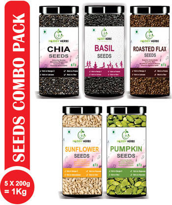 Hobby Herbs Pumpkin, Sunflower, Basil, Chia & Roasted Flax Seeds Combo Pack 1000g ( 5x200g) Pumpkin Seeds, Sunflower Seeds, Roasted Flax Seeds, Basil Seeds, Chia Seeds(5 x 0.2 kg)