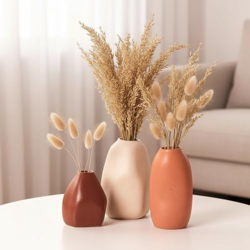 PUREZENTO Rustic Ceramic Bud Vase - Set of 3 | Centerpiece & Showpiece for Home Decor, Living Room, Bookshelf & Tabletop Styling | Decorative Vase for Pampas Grass, Dried & Artificial Flowers