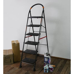Parasnath 6 Step Black Diamond Steel Ladder - Foldable Step Ladder -Wide Anti Skid Plastic Steps - 6 Year Manufacturer Warranty - Made in India