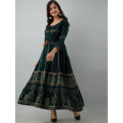 KALINI Women Green & Yellow Ethnic Motifs Printed Thread Work Anarkali Kurta