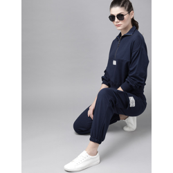 Roadster Women Navy Blue Solid Half-Zipper Sweatshirt with Joggers